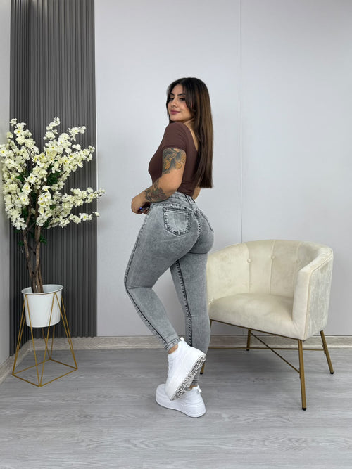Jeans Skinny Asimétrico Gris, espalda